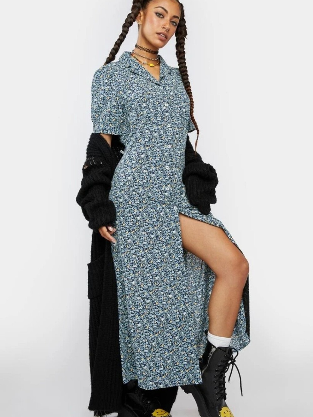 LOVE + HARMONY Floral Blue Green Collared Short Sleeve Midi Maxi Dress Small